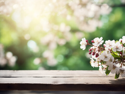 Blooming cherry branches create a dreamy romantic image on a green table