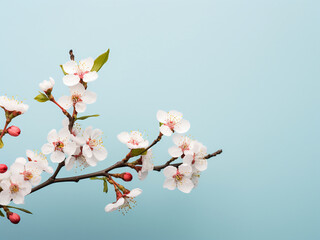 Delicate blossoms adorn a spring branch set against pastel blue hues