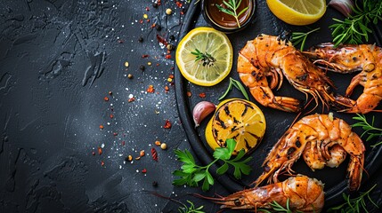 Grilled shrimps or prawns are served with lemon, garlic, and sauce, viewed from above to showcase the seafood delicacy - obrazy, fototapety, plakaty