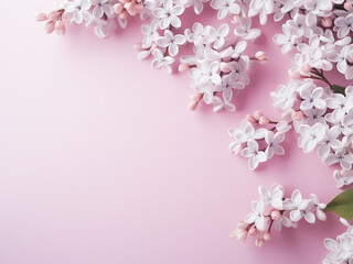 Obraz premium White lilac flowers adorn a pastel desk against a pink coral backdrop