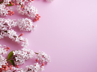 On a pastel desk, white lilac flowers rest against a pink coral background
