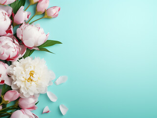Pink and white peony buds and petals grace a light turquoise backdrop