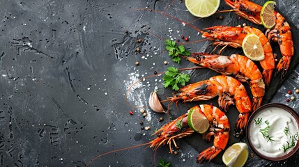 Grilled shrimps or prawns are served with lime, garlic, and white sauce on a dark concrete background, presented in a top view with copy space for a flat lay composition