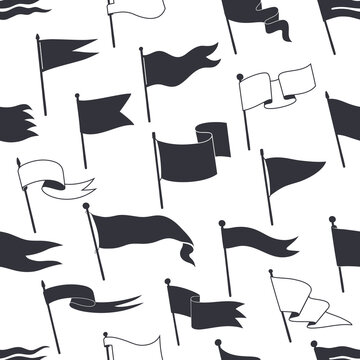 Retro pennants, white and black flags seamless pattern, vector background. Flags or blank banners, triangle and square wavy pennants on flagpole sticks, retro flags on poles in pattern for background