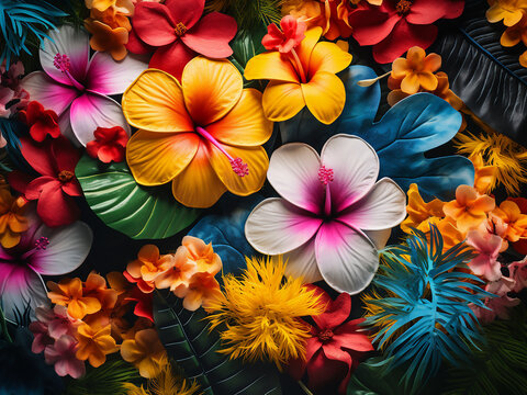 Vibrant tropical flowers create a lively backdrop for design and advertising