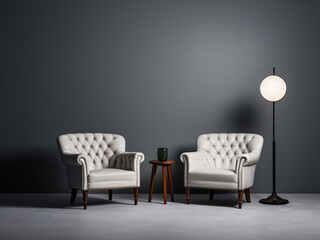 Two white chairs set against a grey background represent stylish decor