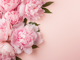Pink and white peonies border pastel paper in a stylish flat lay - obrazy, fototapety, plakaty