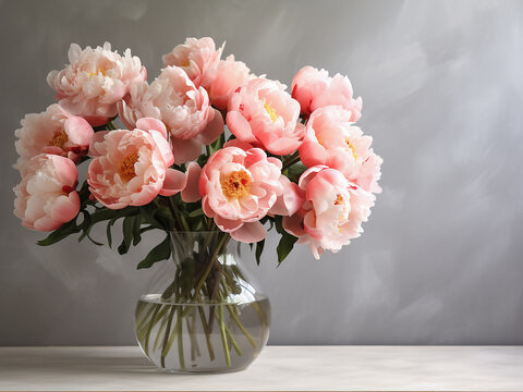 Peony flowers in a studio shot over a wood-textured tabletop provide ample space for text