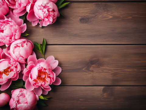 A wood-textured tabletop serves as the backdrop for a studio shot of peony flowers