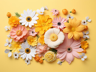 Pastel multicolored background hosts a summer flat lay with yellow flowers