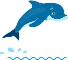 Cartoon dolphin character joyfully leaping with a vibrant splash, conveying playful energy and enthusiasm. Isolated cute vector sea animal jumping during the show program or playing in wild nature