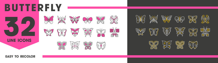 Butterfly insect line icons for tattoo ornament and decoration art, vector symbols. Machaon or monarch butterfly insects with ornament pattern on wings in thin line for decoration or corporate emblem