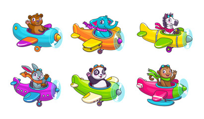 Cartoon baby animal characters on planes, panda and zebra, elephant and rabbit pilots, vector toys. Bear and monkey animals in airplane, kids funny zoo characters aviators flying in propeller planes