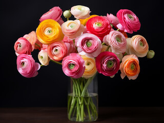 Ranunculus flowers arranged beautifully in a vase against a white background with room for text