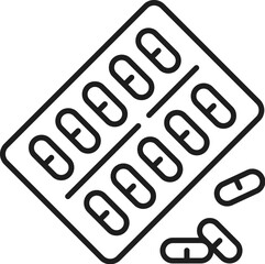 Pharmacy pills or vitamin capsules thin line icon. Medicine health care, pharmaceutical treatment or drugstore pills outline vector symbol with antibiotic, painkiller drug blister
