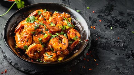 Schezwan Prawns are presented in a black bowl against a dark slate background, highlighting an Indo-Chinese cuisine curry dish flavored with Schezwan sauce