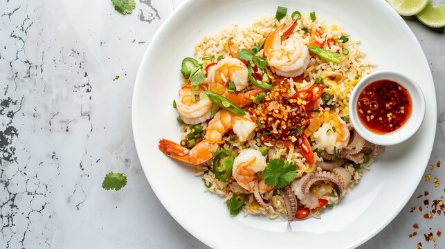 Seafood Tom Yum Fried Rice features stir-fried rice with shrimp and squid, accompanied by chilli sauce on a white plate, viewed from above