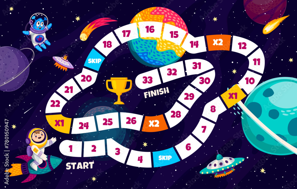 Poster kids board step by step game. flying saucer in galaxy space. vector maze, navigate galactic adventur