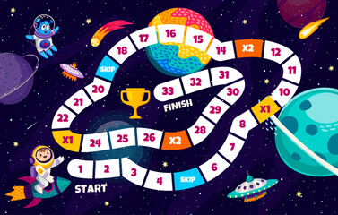 Kids board step by step game. Flying saucer in galaxy space. Vector maze, navigate galactic adventure, roll dice, move through planets, complete exploration challenge to reach the cosmic finish line