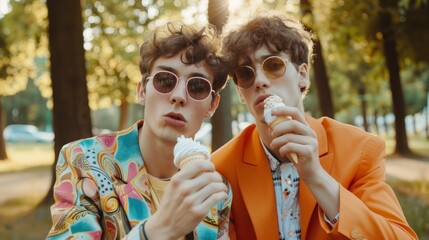 Obraz premium couple of men eating ice cream wearing designer day clothes in high resolution