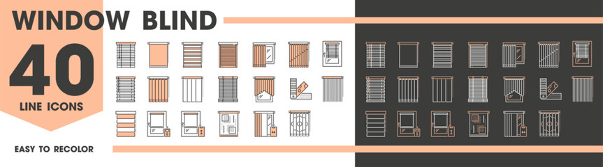 Window blinds, curtains and jalousie line icons of home interior drapes, vector pictograms. Window shades and blackout curtains or automatic shutter drapes for house living room or apartment bedroom
