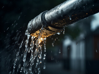 Metal downpipe efficiently channels rainwater runoff - obrazy, fototapety, plakaty