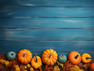 Orange pumpkins and dry flowers on a wooden table