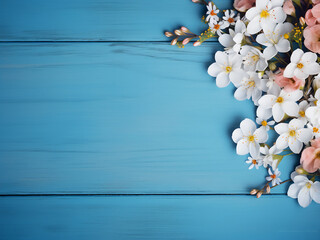 Retro-filtered top view captures a stunning floral arrangement on a blue backdrop