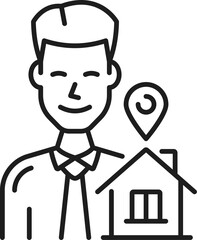 Real estate icon. Realtor line pictogram. House or apartment sale outline sign, real estate property rent or loan service monochrome thin line icon or symbol with realtor man and cottage home