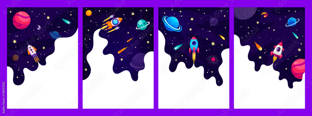 Poster Galaxy space posters, borders or frames with rocket launch in galaxy space landscape with planets. Vector celestial-themed template showcases a mesmerizing blend of cosmic wonders and exploration