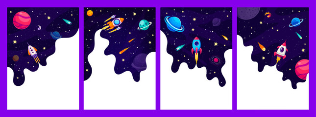 Galaxy space posters, borders or frames with rocket launch in galaxy space landscape with planets. Vector celestial-themed template showcases a mesmerizing blend of cosmic wonders and exploration
