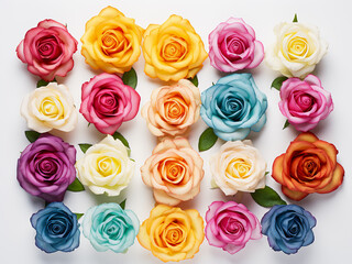 Top-down view captures varied roses on white