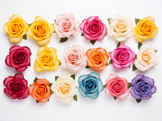 Multicolored roses displayed from above on white