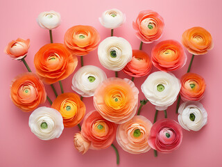 Ranunculus flowers in orange and white on pink