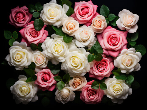 White and pink roses with green leaves arranged flatly