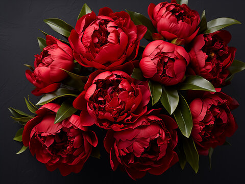 Vibrant red peonies create a stunning display in a top-down view