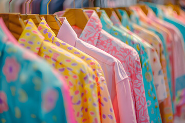 Colorful shirts are hung from racks in a store, in the style of pastel softness, soft - focus.
