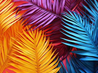 Vibrant colors and exotic palm leaves create a surreal summer backdrop