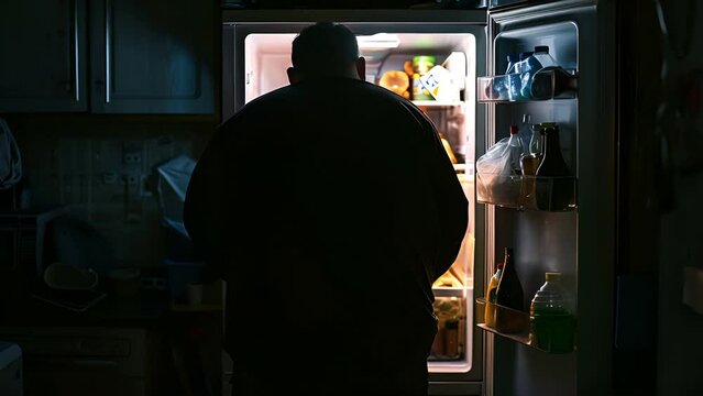 Overweight man in silhouette from the light from his refrigerator as he contemplates eating something