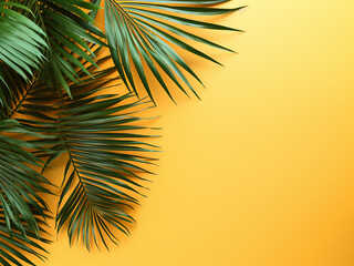 Copy space provided on a colorful background adorned with palm leaves