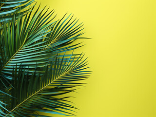 Palm leaves add tropical flair to a colorful backdrop, leaving space for text