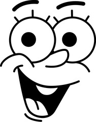 Cartoon funny face, groovie retro emoji character with big eyes and mouth, vector emoticon. Comic groovy face emotion happy smiling or laughing, retro cartoon animation face emoji with goggle eyes