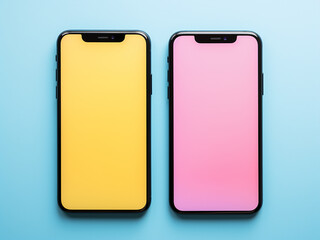 Fashionable pastel background hosts two smartphones with black screens