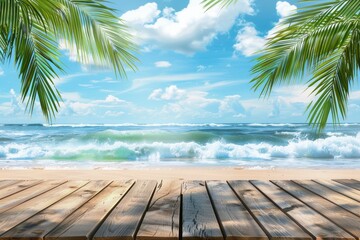 Summer tropical sea with waves, palm leaves and blue sky with clouds. Perfect vacation landscape with empty wooden table - generative ai