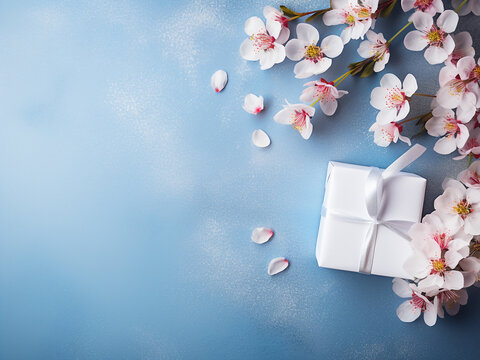 Pretty background with blue and pink presents surrounded by apple white flowers