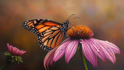 Fototapeta premium Illustration of a Monarch Butterfly perched on a coneflower in spring