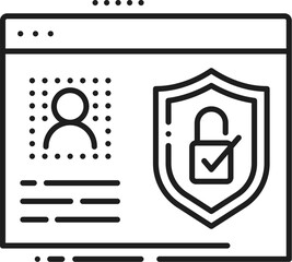 Personal data online protection and safety, fintech web technology outline icon. Network data safety fintech, personal information protection linear vector symbol with personal ID, shield and lock