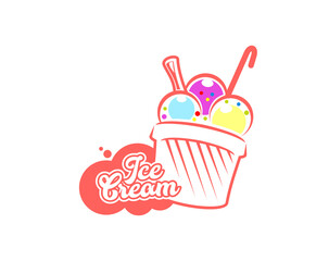 Gelato dessert scoops in cup for ice cream cafe icon or Italian gelateria, vector emblem. Sweet vanilla, fruit or chocolate three scoops of sundae with cookie for gelato ice cream dessert line icon