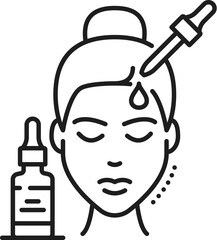 Face peeling icon for cosmetology and skincare or cosmetic product, line vector. Bottle and dropper with serum drop in outline icon for chemical peeling or face skincare treatment linear pictogram