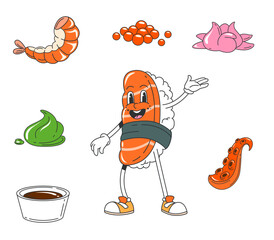 Cartoon Japanese groovy sushi character with vibrant salmon fish slice face and rice ball body. Vector funky Asian food personage bringing flavorful beats to culinary with fresh seafood ingredients